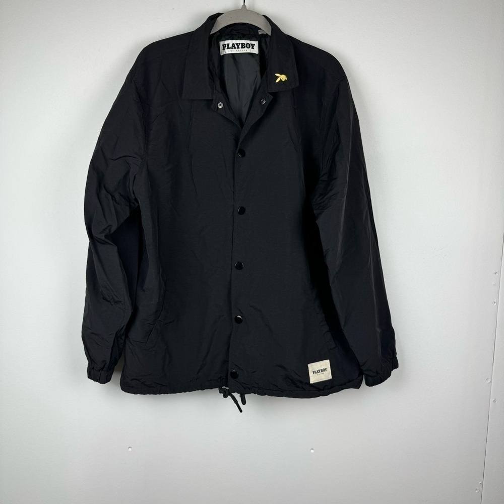 PLAYBOY by Pacsun Snap Nylon Jacket  Bunny Logo Jacket, Black & Yellow, Medium